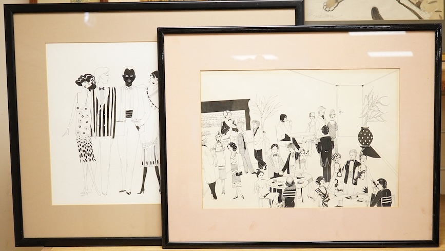 Art Deco style, fashion illustration and bar scene, one monogrammed and dated ‘81, two pen and inks, largest 34 x 45cm